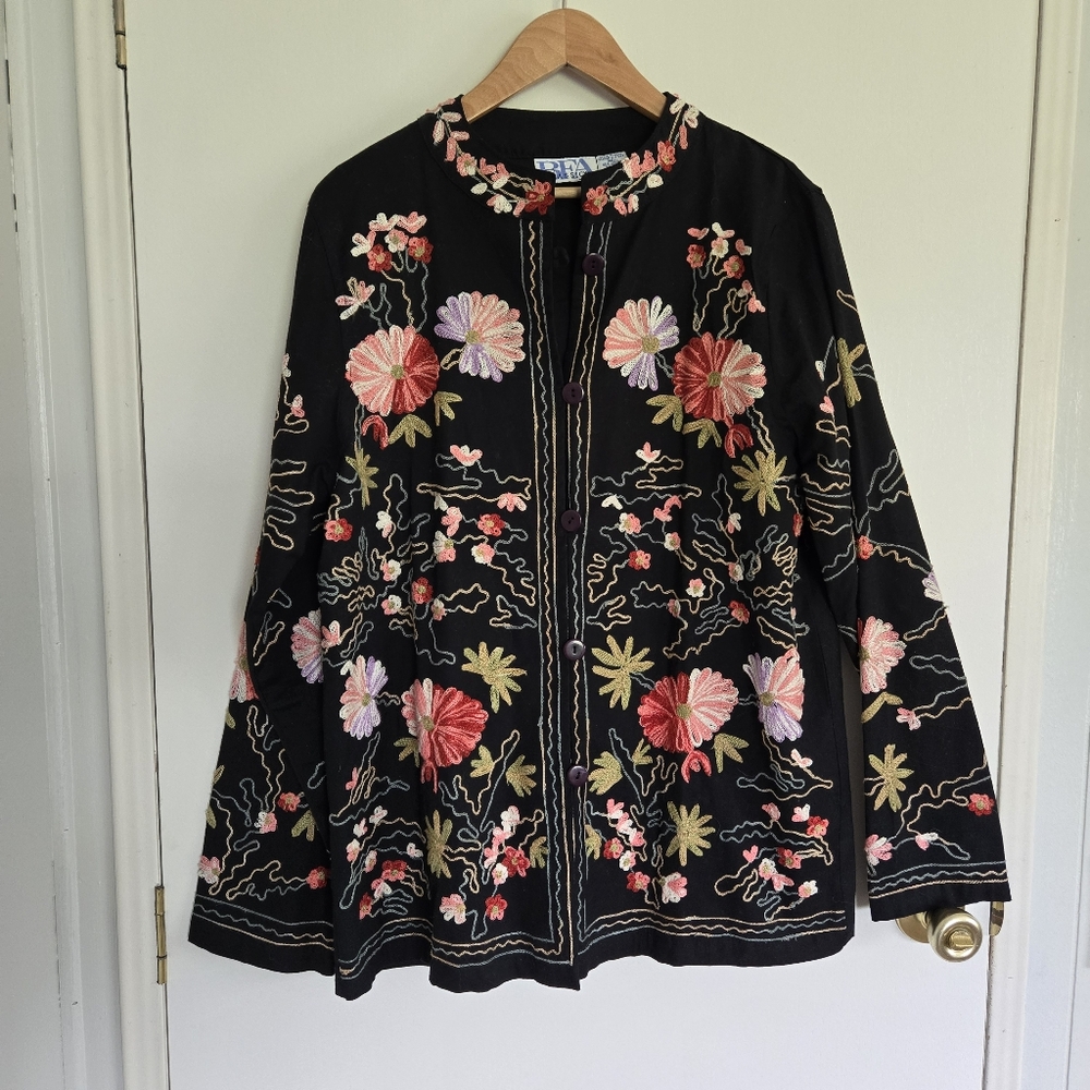 BFA Ctoon Flax Floral Embroidered Black Jacket L Lagenlook